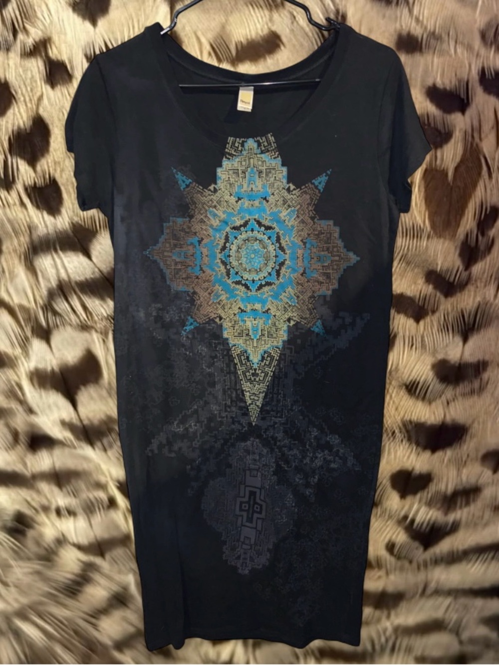 Royal apparel bamboo Black Tee Dress with Blue & Gold Geometric Medallion